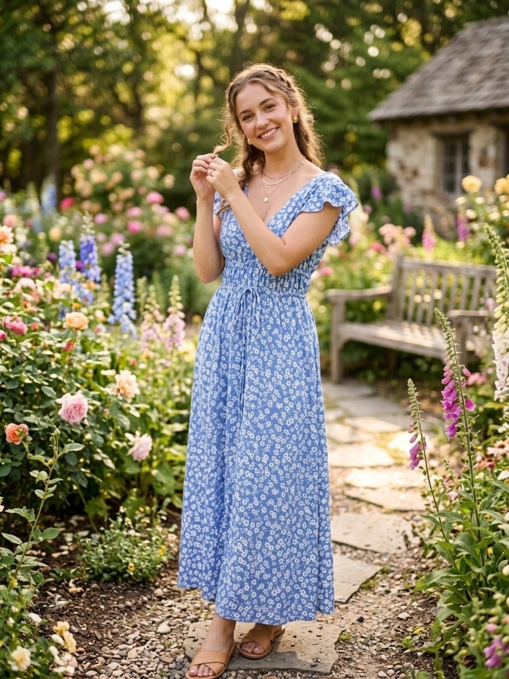 Blue Floral Maxi Dress with Smocked Waist and Ruffle Sleeves